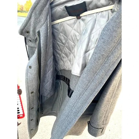 Coach Women’s Granite Gray Wool Coat Jacket With Hoodie And Leather Trims Size M - Picture 10 of 17